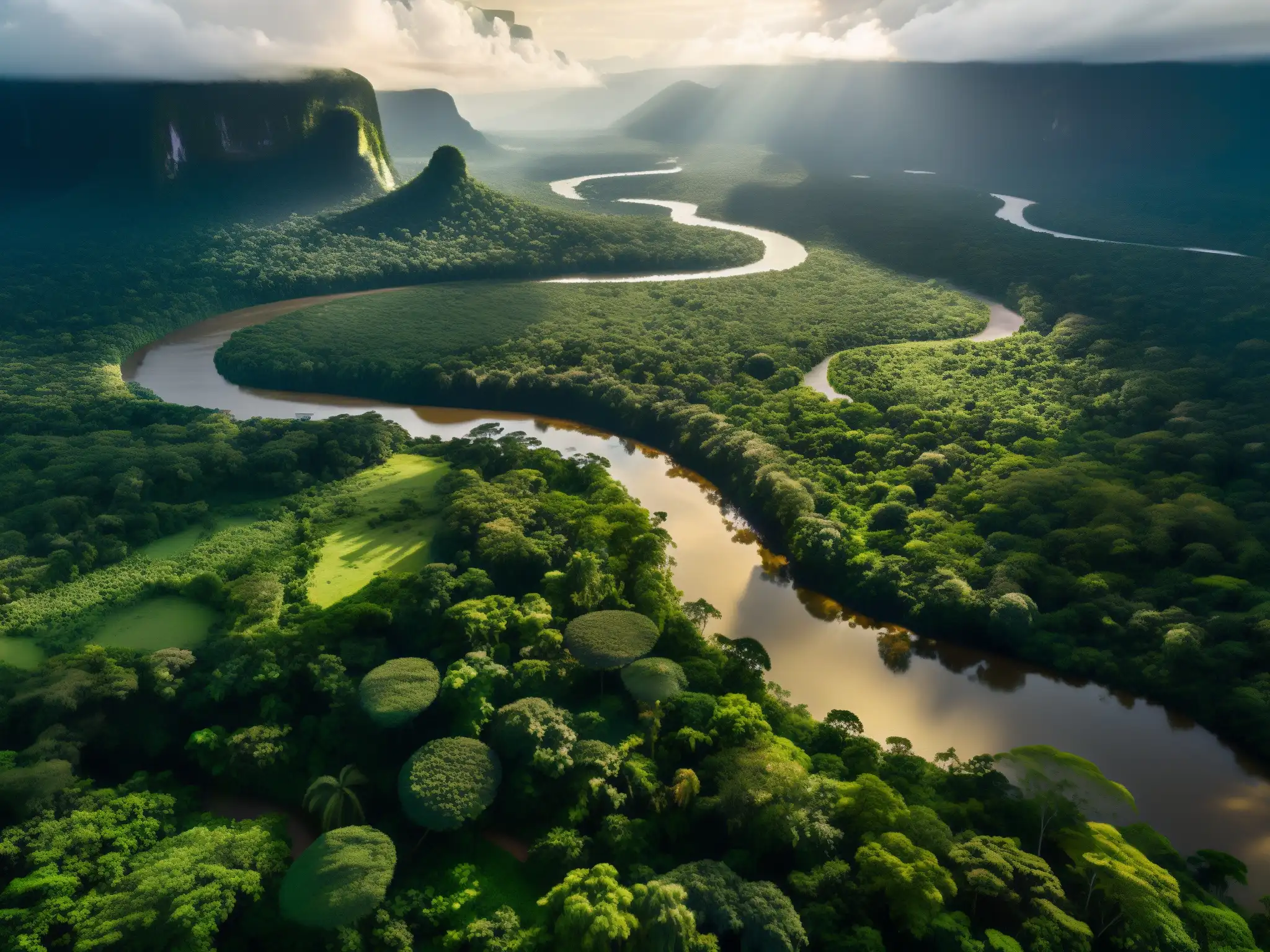 Vista aérea impresionante de la densa selva amazónica, con el sol proyectando sombras dramáticas a través del dosel, revelando el exuberante follaje verde y los ríos serpenteantes