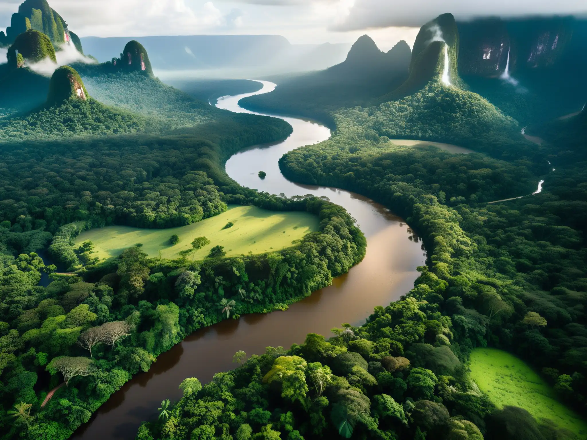 Vista aérea impresionante del denso bosque amazónico con el río serpenteante, capturando la mística de El Dorado ciudad perdida oro