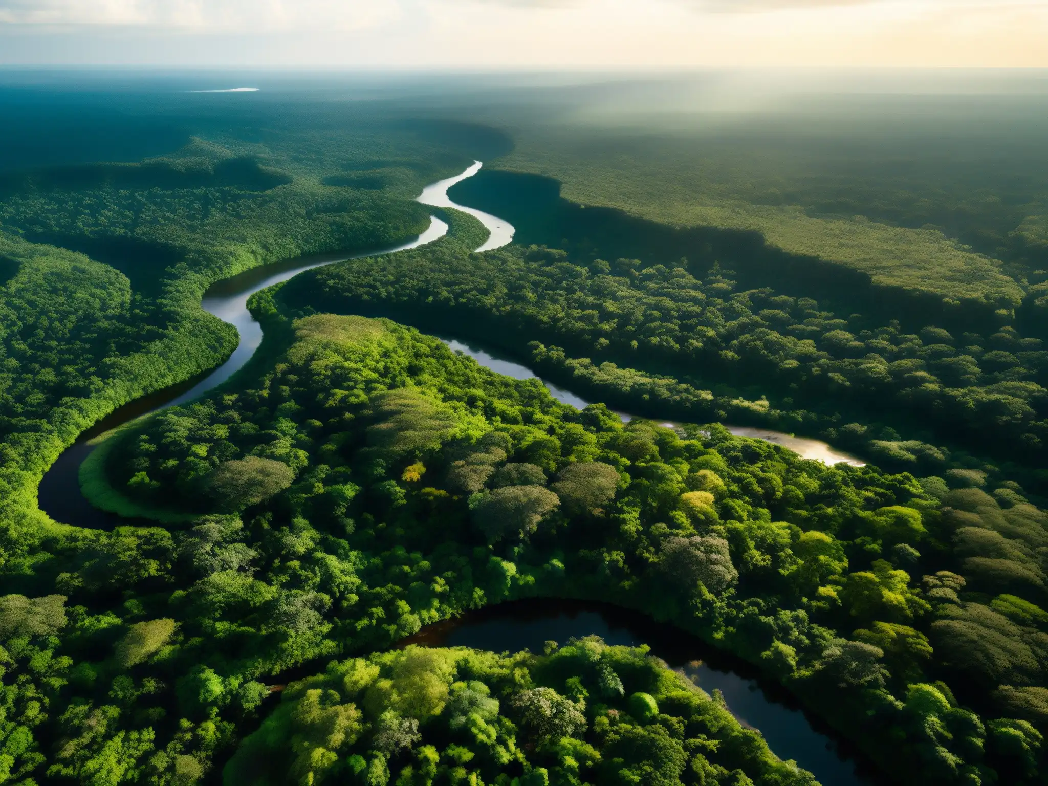 Vista aérea impresionante de la exuberante selva amazónica con luz dorada filtrándose a través del dosel, ríos serpenteantes y biodiversidad