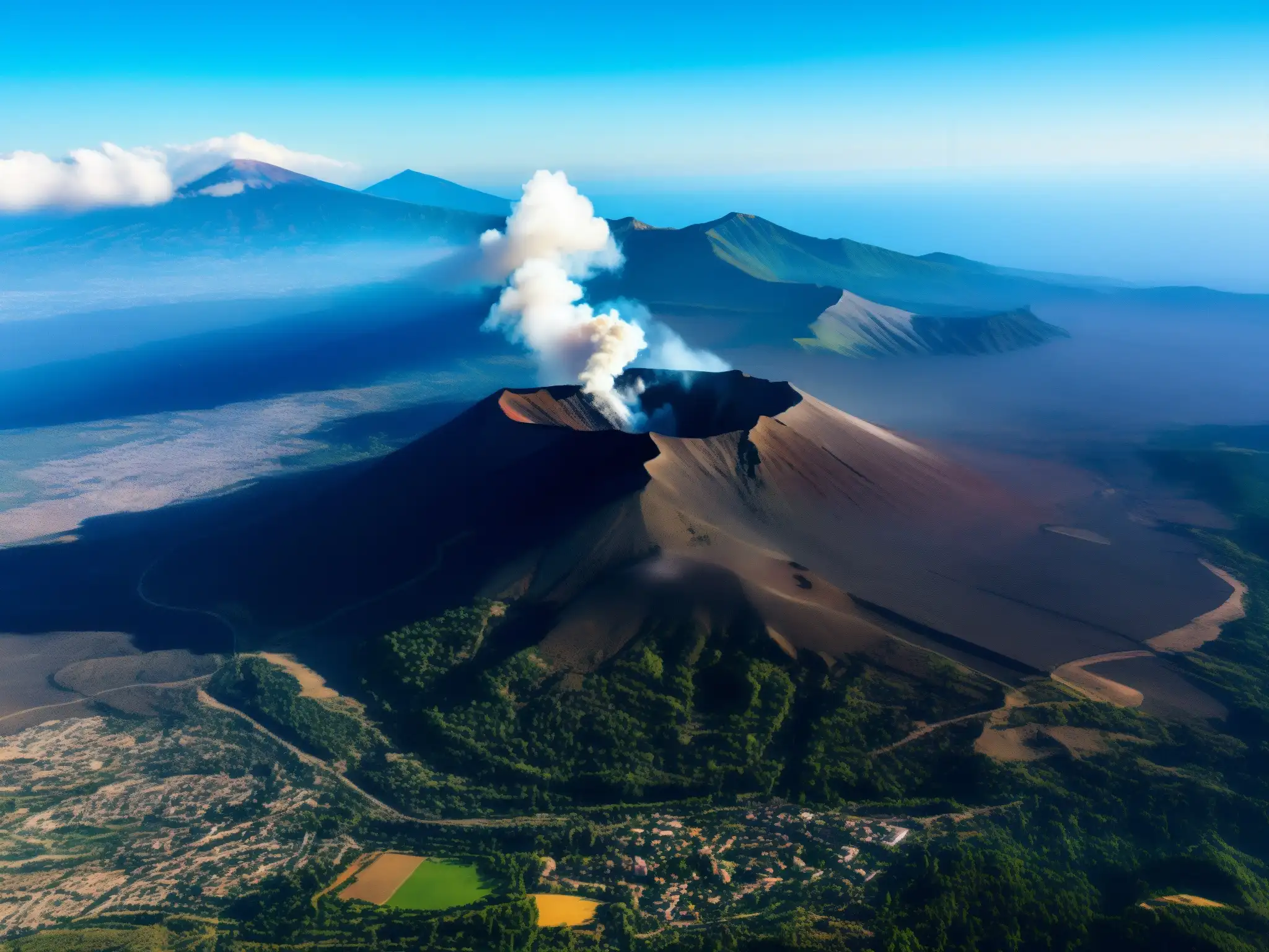 Vista aérea impresionante del majestuoso Monte Etna liberando humo blanco, con paisaje volcánico y pueblos sicilianos