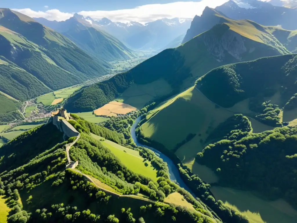 Vista aérea impresionante de los majestuosos Pirineos, con picos nevados y ruinas de castillo
