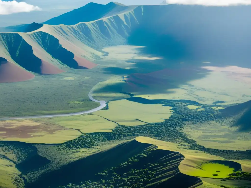 Vista aérea impresionante del Misterioso Cráter Ngorongoro, con su exuberante vegetación y diversa vida salvaje, rodeado por imponentes paredes