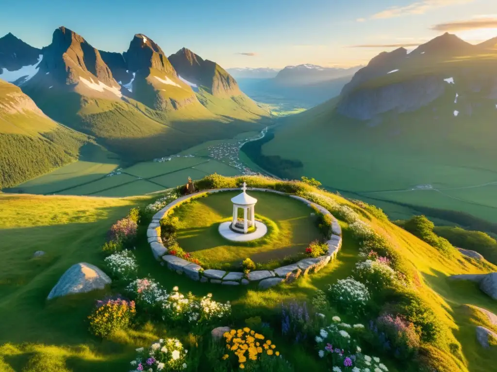 Vista aérea impresionante del paisaje nórdico con altar de piedra dedicado a Freya, diosa de amor, guerra y mito, y una atmósfera mística al atardecer