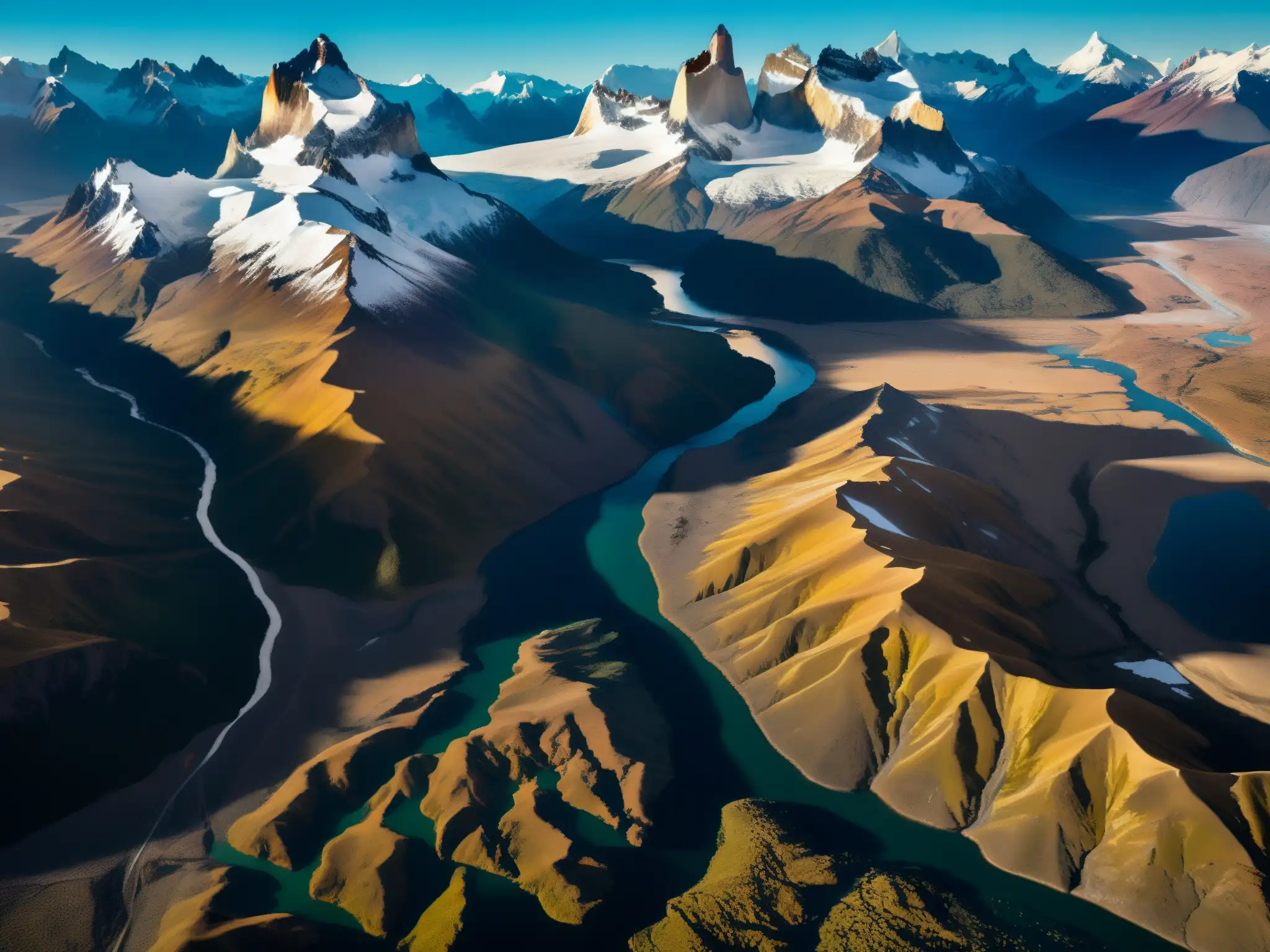 Vista aérea impresionante de la Patagonia, con los picos nevados de los Andes y las llanuras desoladas