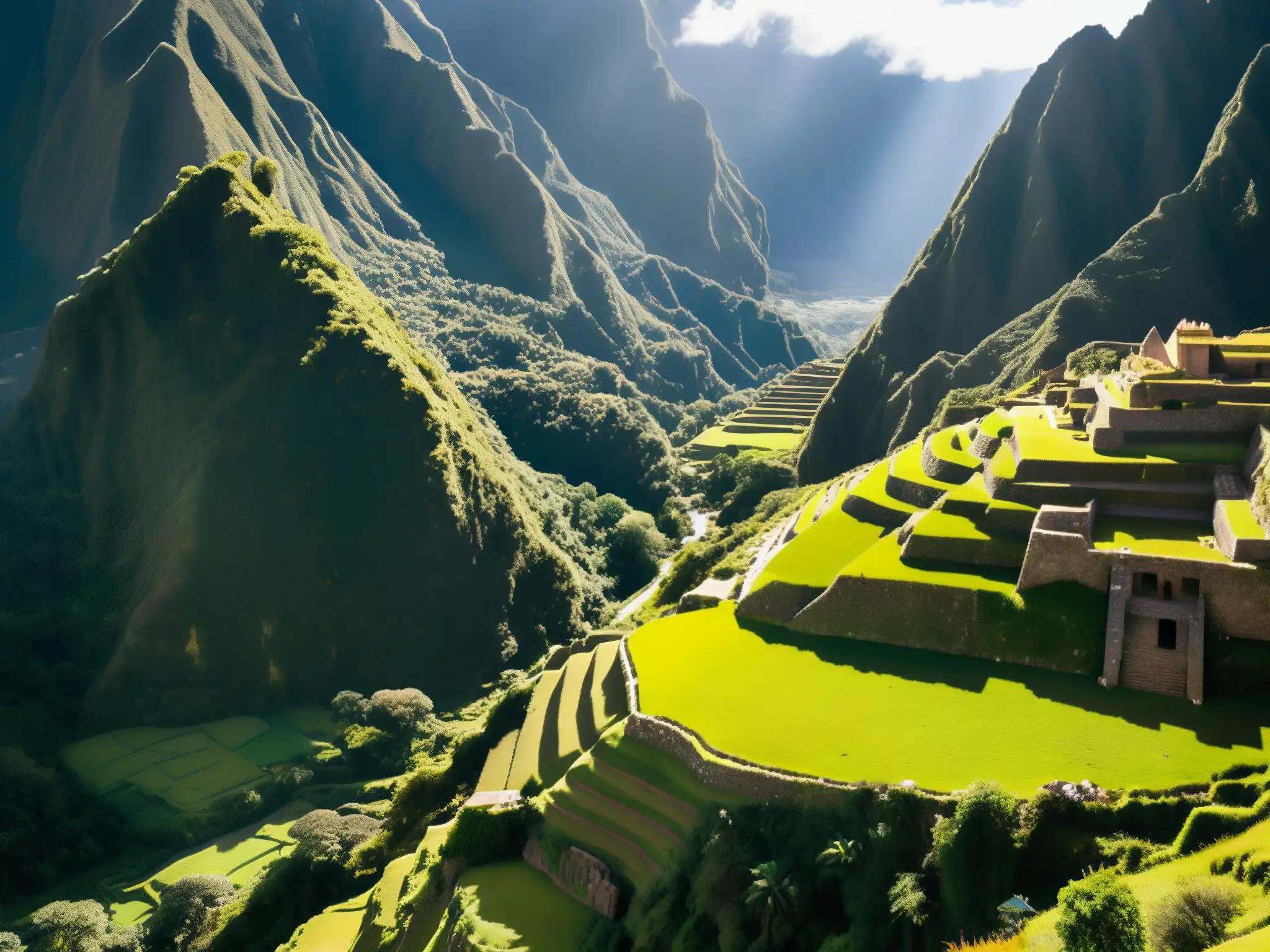 Vista aérea impresionante de ruinas incas entre montañas verdes, con el Camino del Inca visible