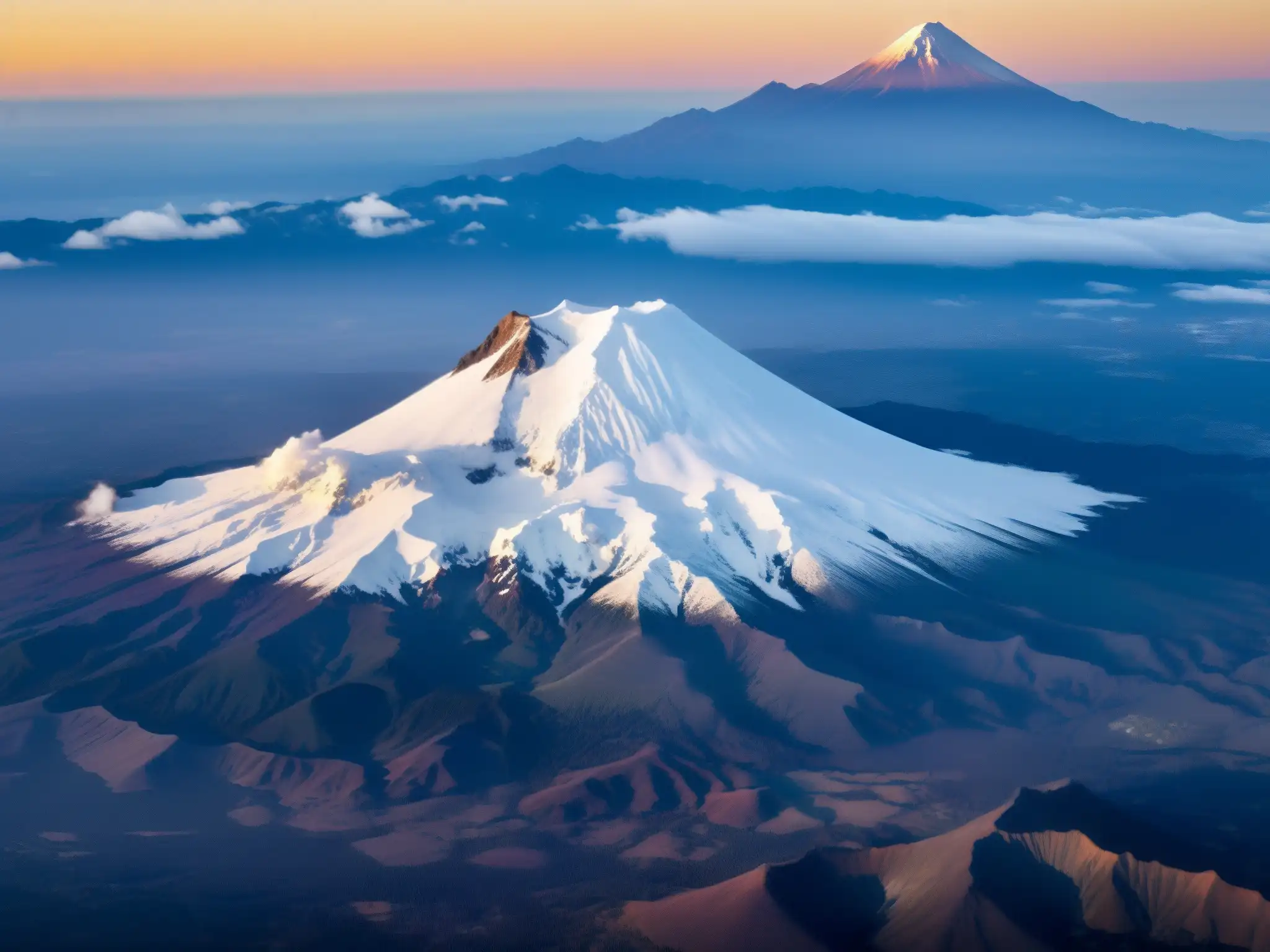 Vista aérea impresionante de los volcanes Popocatépetl e Iztaccíhuatl, envueltos en un vibrante atardecer