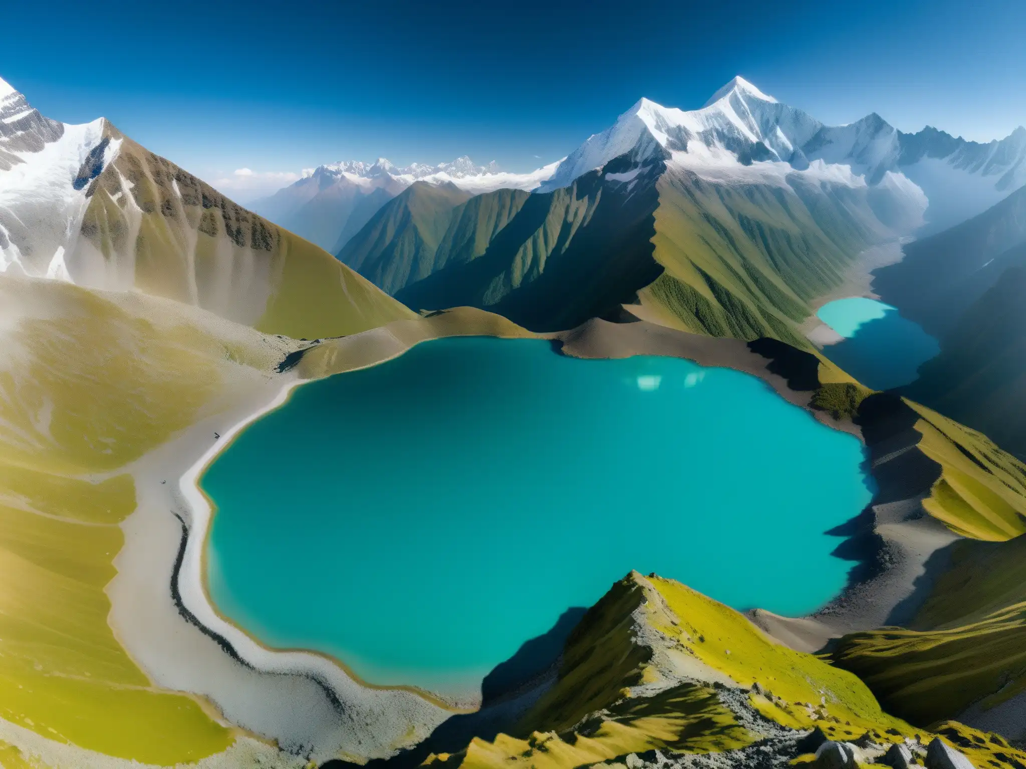 Vista aérea del lago Roopkund, rodeado de picos del Himalaya