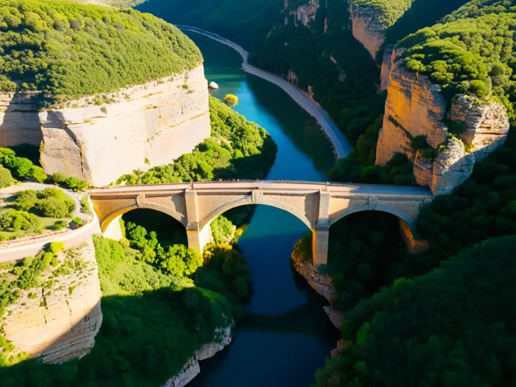 Vista aérea del majestuoso Puente del Diablo en Cataluña, España, rodeado de naturaleza exuberante y bañado por la cálida luz del atardecer