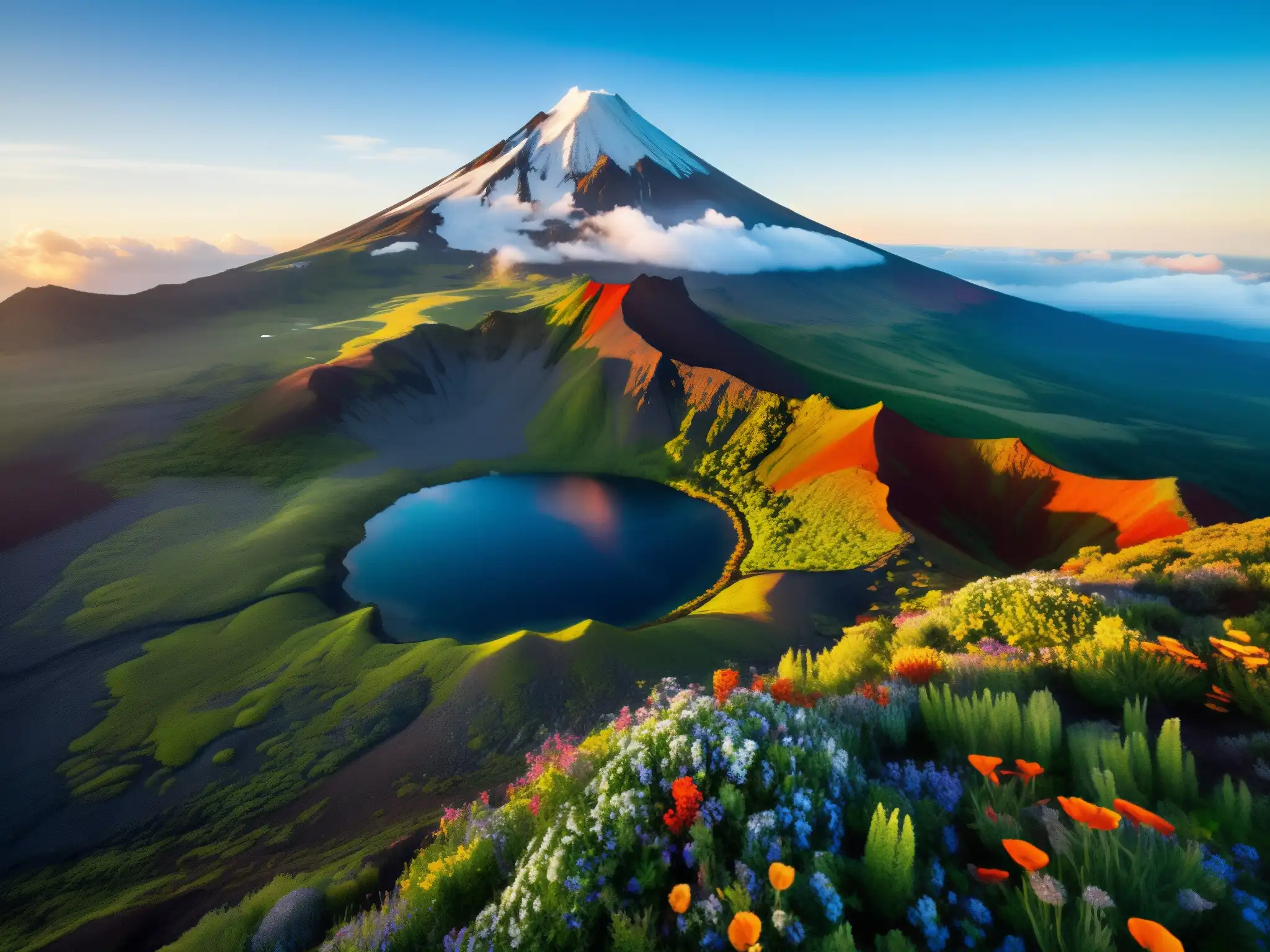 Vista aérea de un majestuoso volcán nevado, rodeado de exuberante vegetación y flores silvestres
