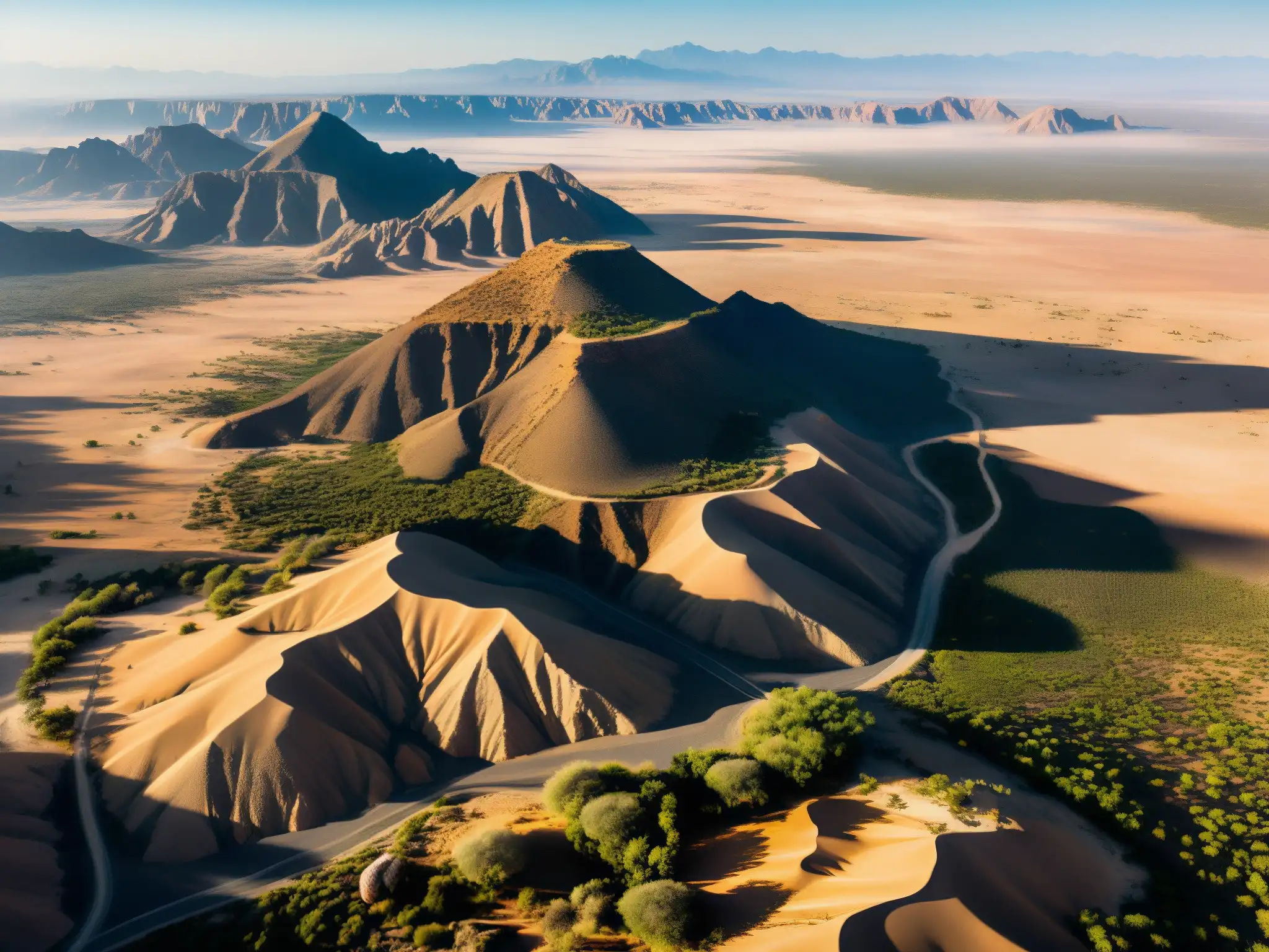 Vista aérea del misterioso paisaje del Desierto de la Zona del Silencio en México, con formaciones rocosas únicas y vegetación escasa