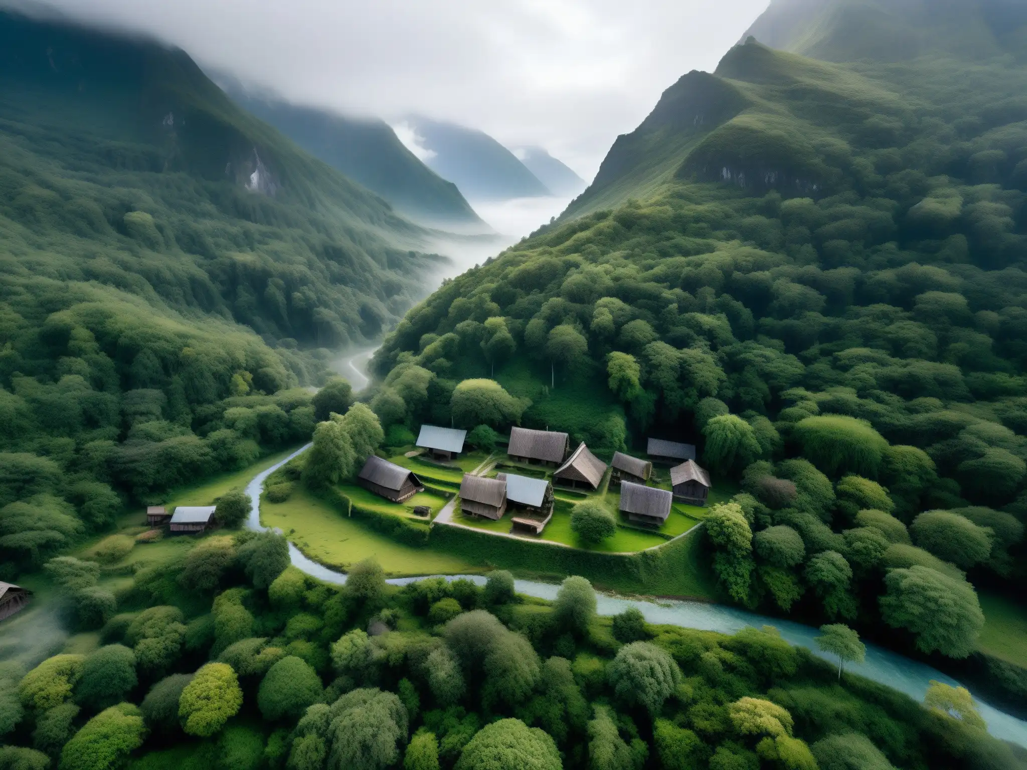 Vista aérea del misterioso pueblo Inunaki, envuelto en niebla y rodeado de montañas