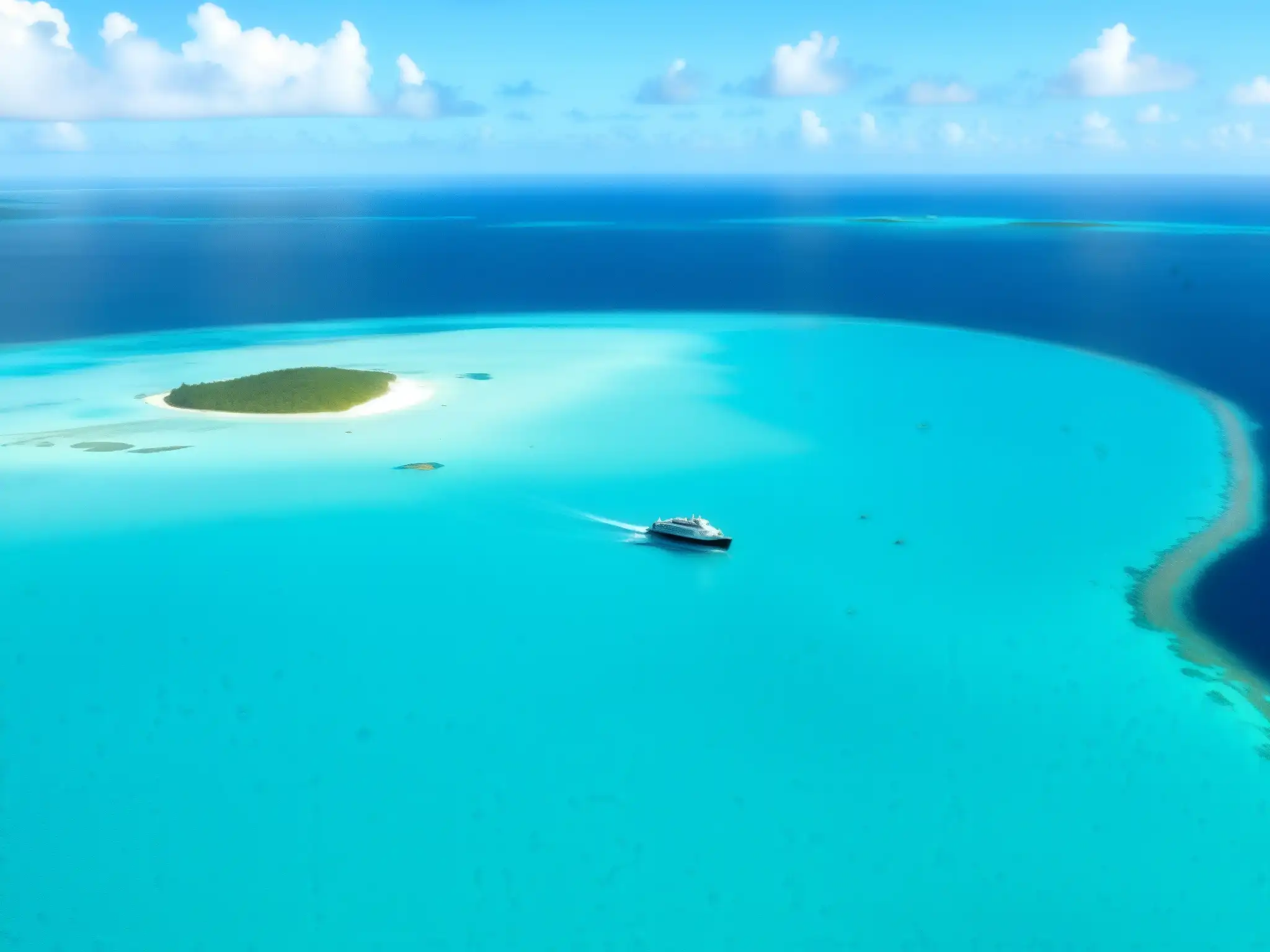 Vista aérea del misterioso Triángulo de las Bermudas con un barco solitario en aguas turquesas, añadiendo escala y perspectiva al enigmático escenario