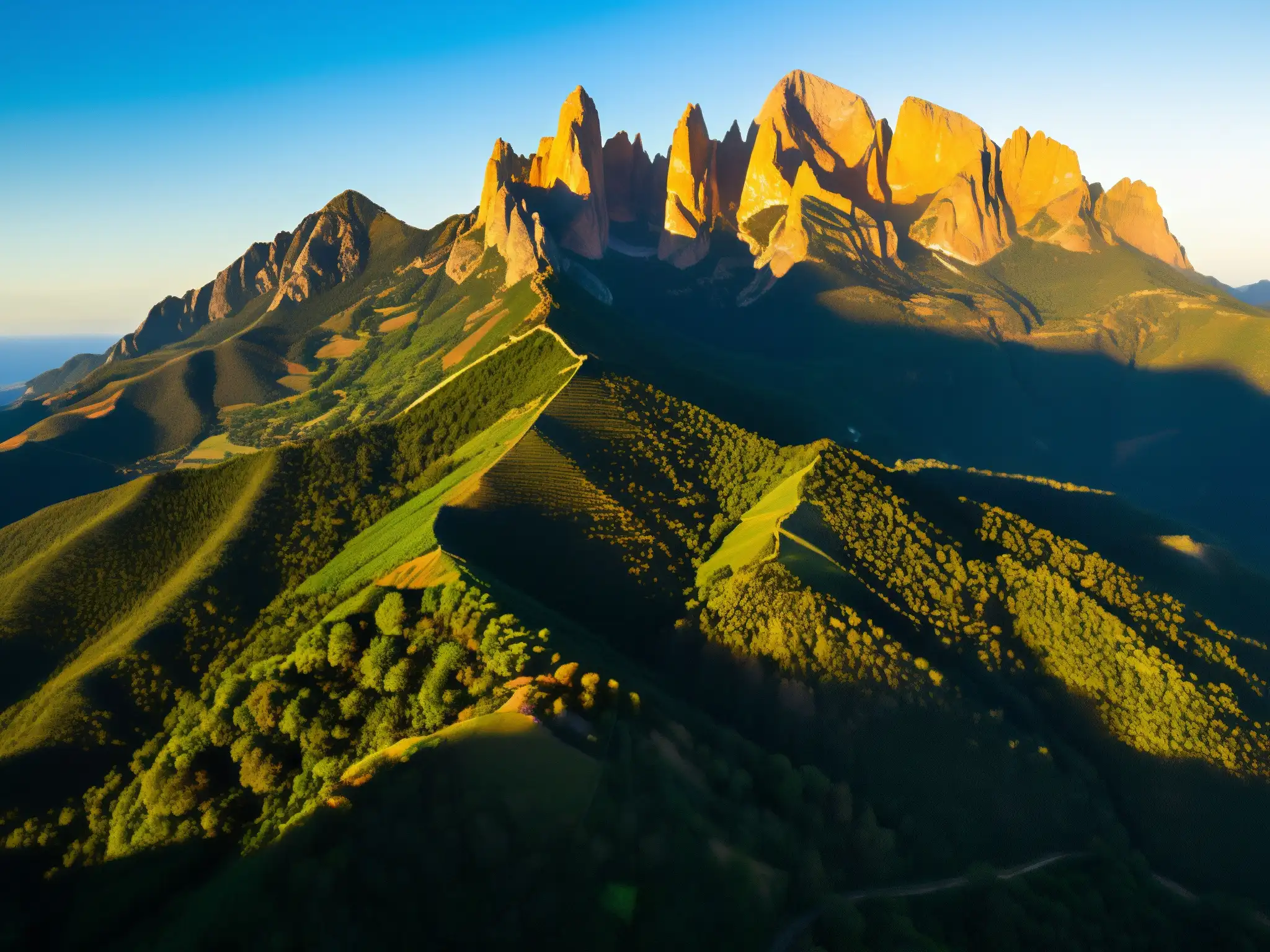 Vista aérea del místico y legendario Montserrat, con sus picos escarpados y vegetación exuberante, bañados por la cálida luz dorada del atardecer