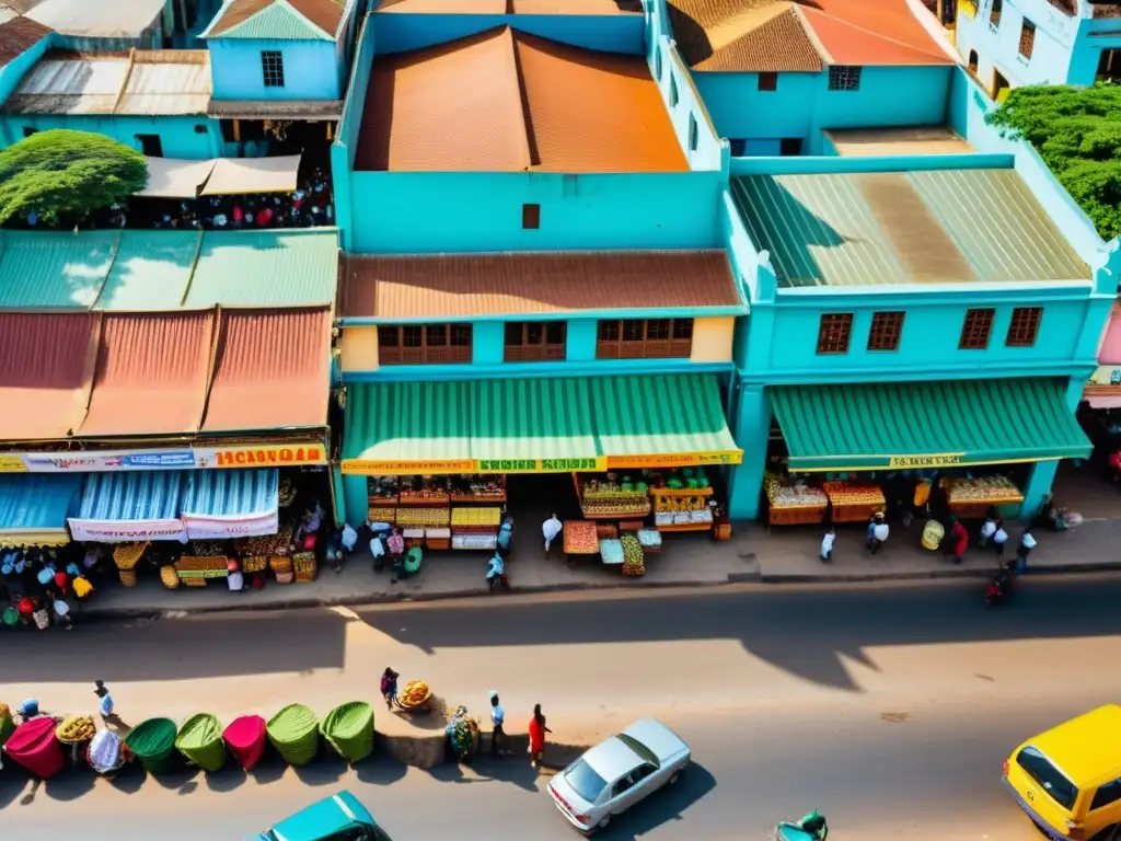Vista aérea de Mombasa con coloridos puestos de mercado, edificios vibrantes y gente diversa