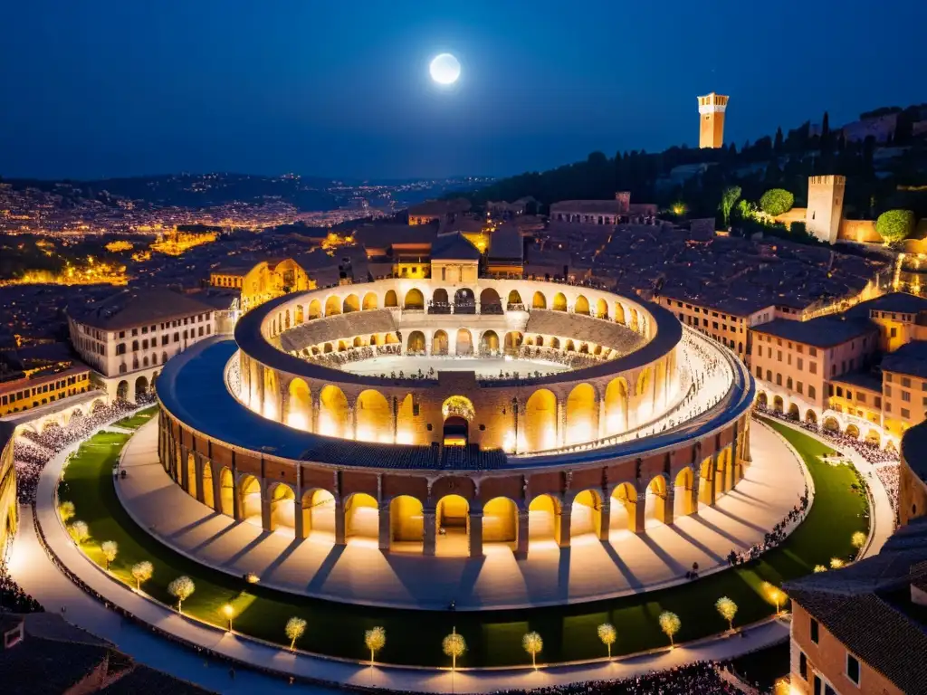 Vista aérea nocturna de la antigua Arena di Verona con la luna brillando, evocando la leyenda urbana del Fantasma de la Ópera en Verona