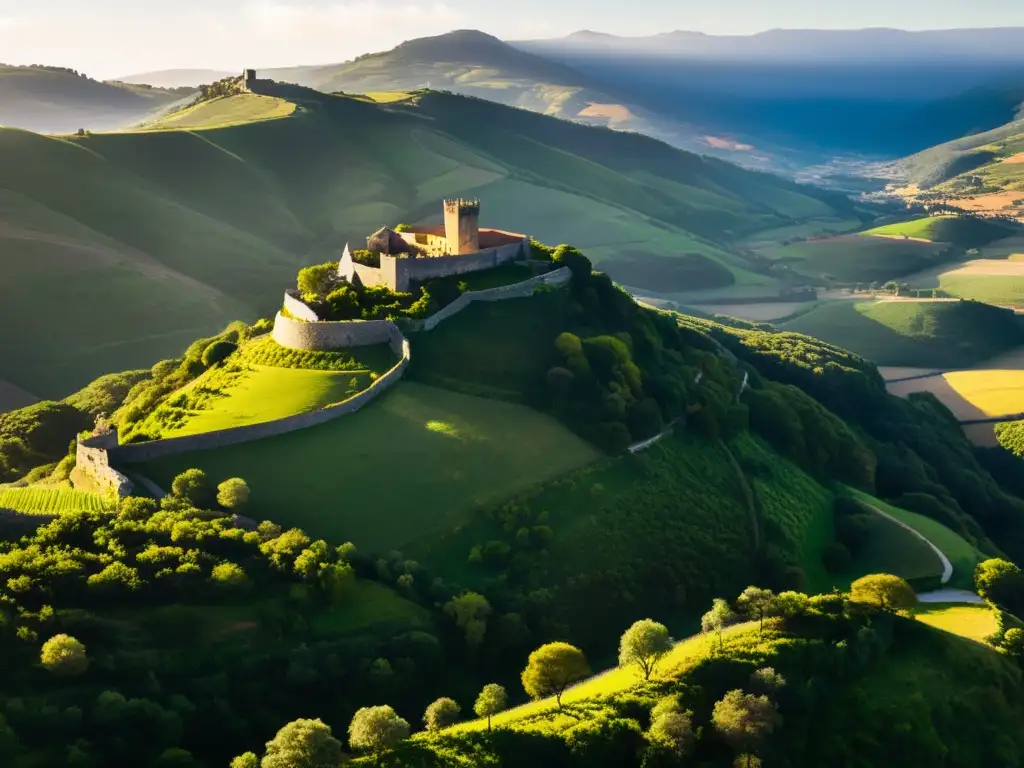Vista aérea de paisaje portugués con valles verdes, ruinas de castillo y montañas neblinosas