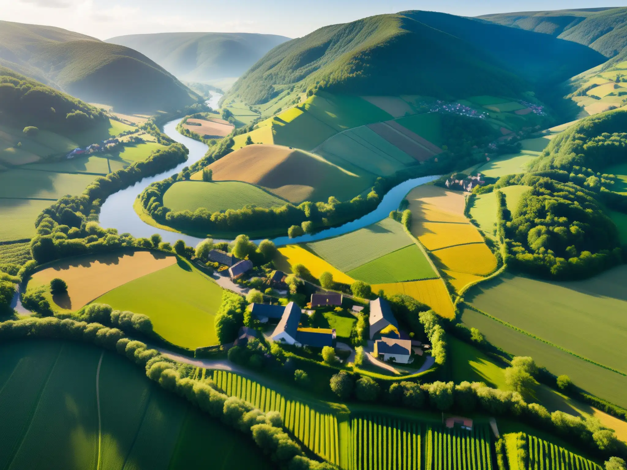Vista aérea de un pintoresco pueblo rural en un valle exuberante