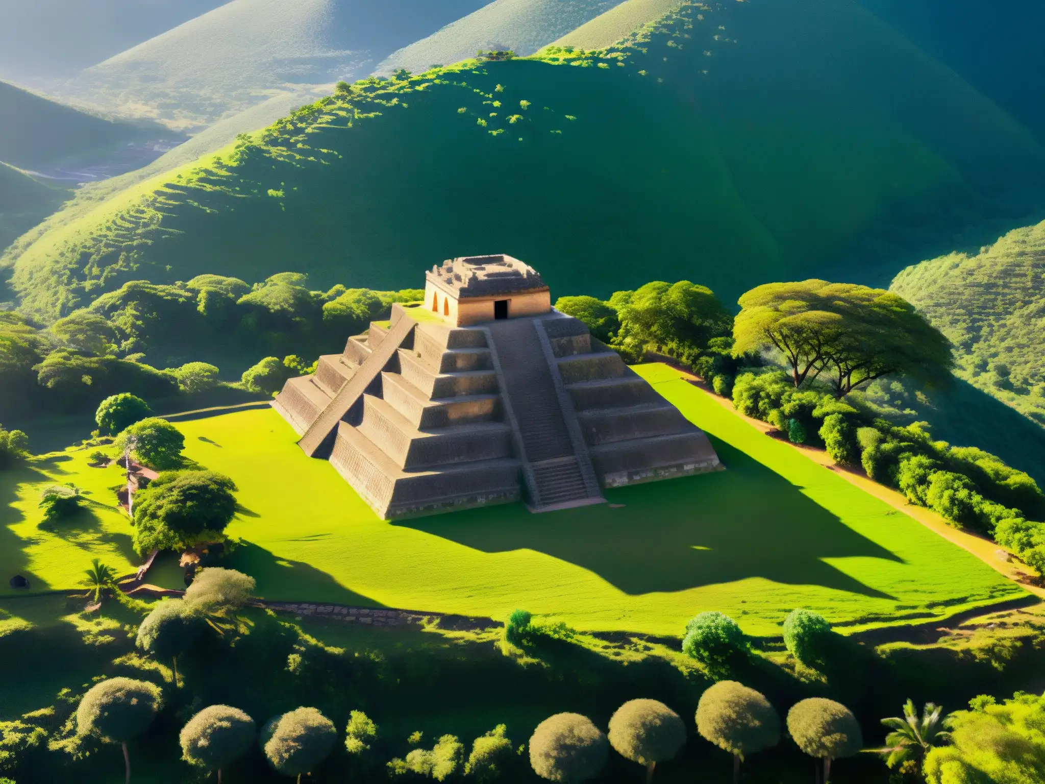 Vista aérea de El Tajín con la Pirámide de los Nichos y el ritual de los Voladores de Papantla, evocando misticismo y tradición