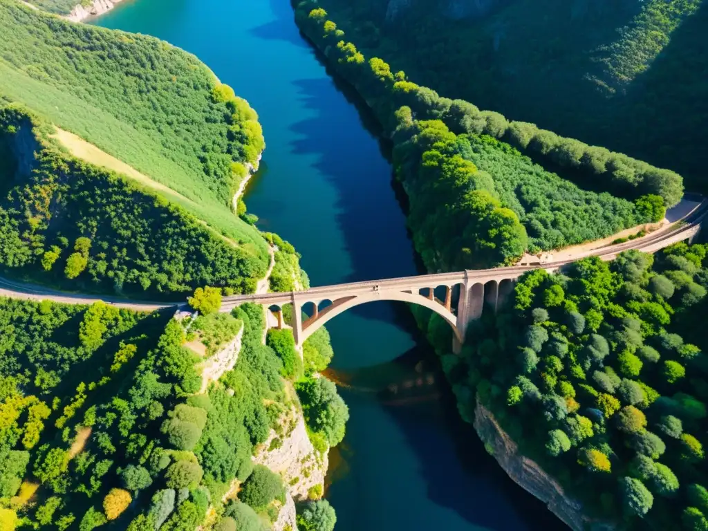 Vista aérea del Puente del Diablo en Cataluña, España, revelando su origen y misterio entre la exuberante naturaleza y el río azul