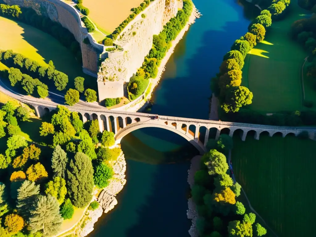 Vista aérea del Puente del Diablo en Martorell con detalles arquitectónicos, resaltando su leyenda y belleza natural