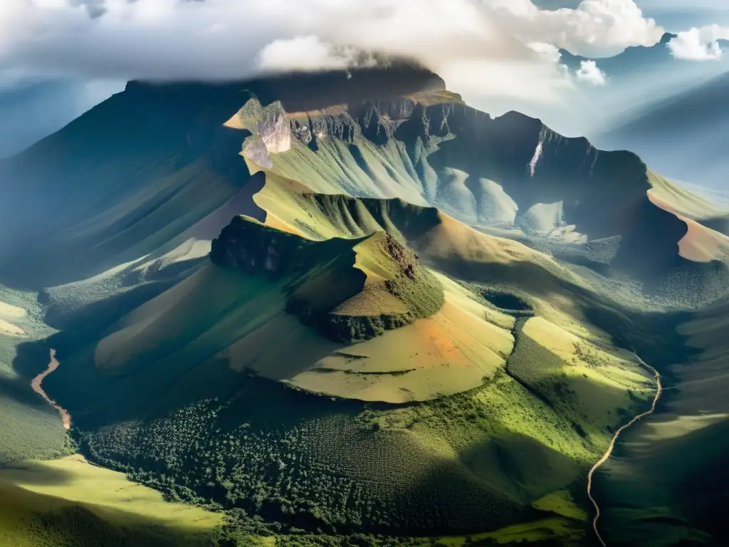 Vista aérea de las riquezas perdidas en montañas Kenia, con picos escarpados, valles verdes y nubes