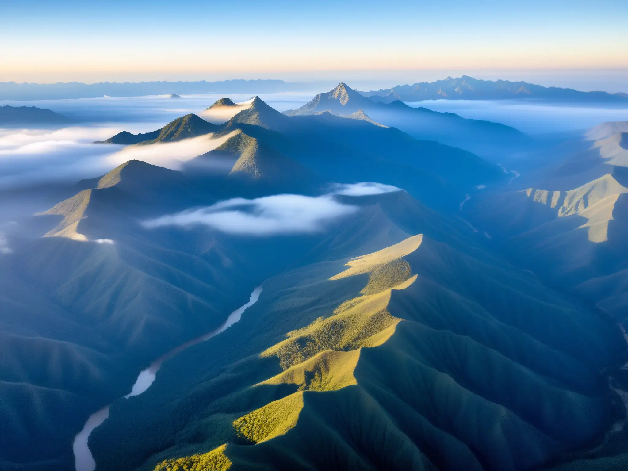 Vista aérea de la Sierra Madre al amanecer con neblina, hechicería en la sierra neoleonesa