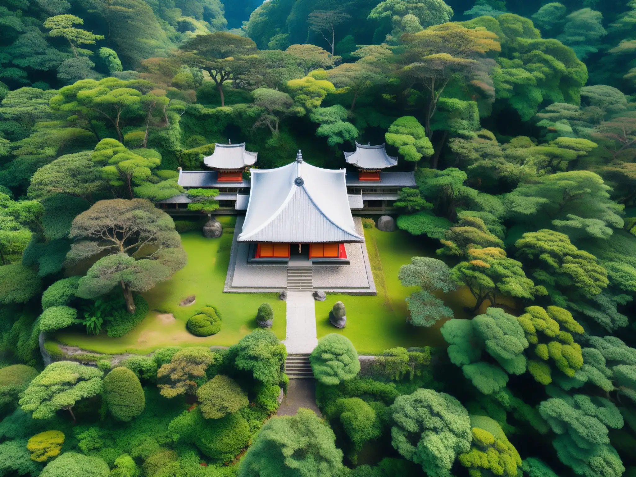 Vista aérea de un templo japonés antiguo y enmarañado en un bosque denso, con un dron moderno capturando la escena