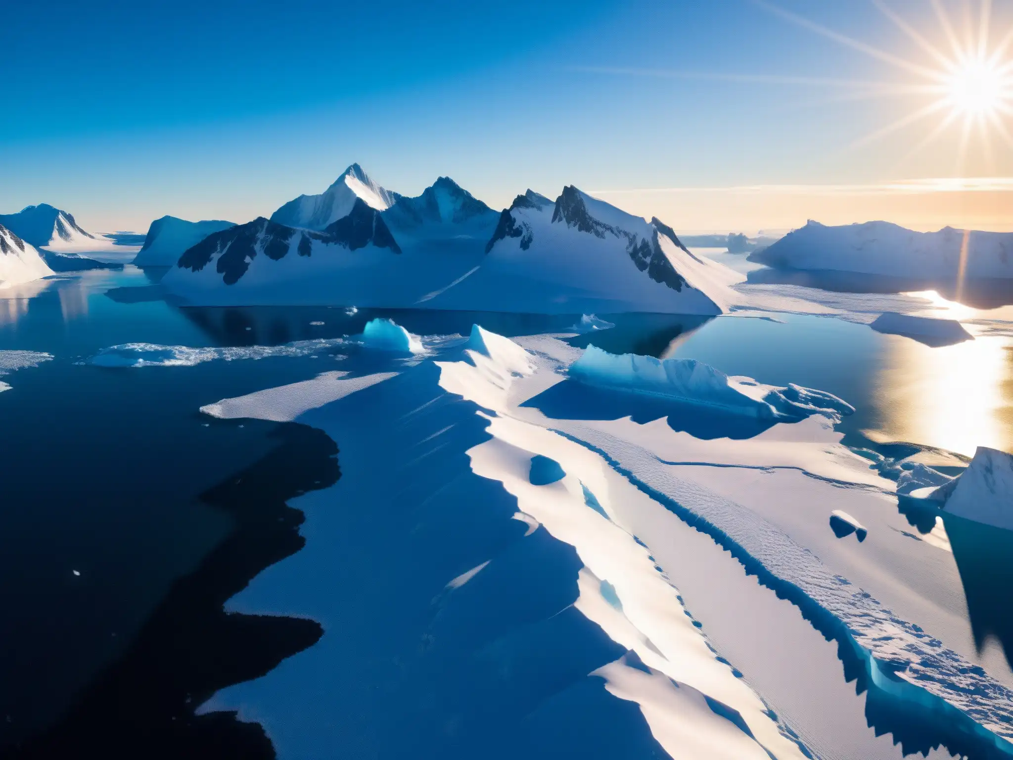 Vista aérea de la vasta Antártida, con montañas, hielo azulado y figura solitaria