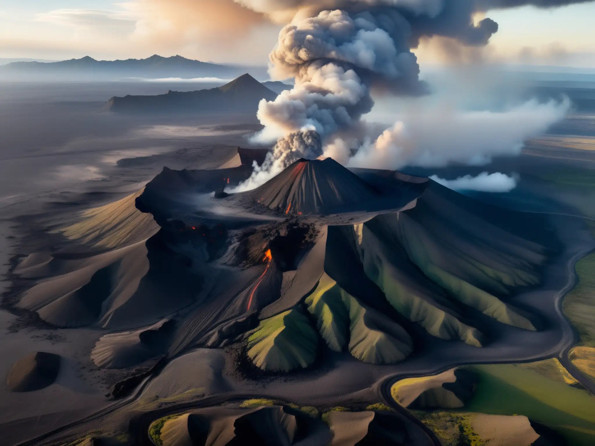 Vista aérea de un volcán humeante con nubes de ceniza, rocas y un pueblo, evocando la narrativa de mitos y leyendas urbanas de volcanes