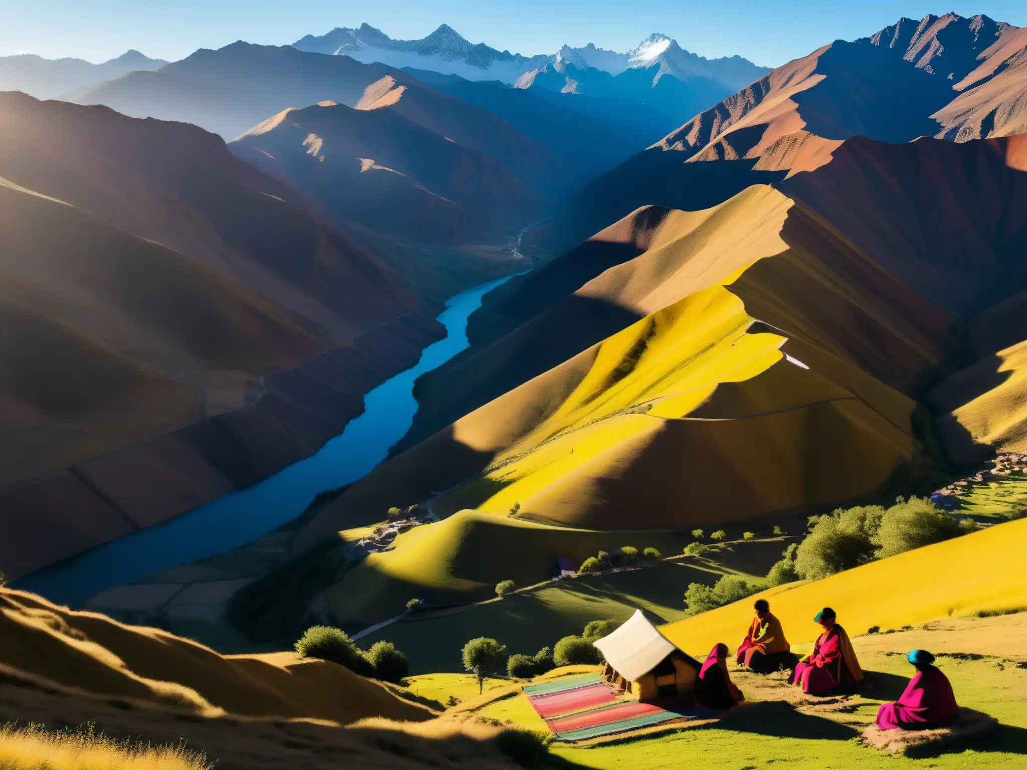 Vista del atardecer dorado sobre los Andes bolivianos con una aldea en el valle