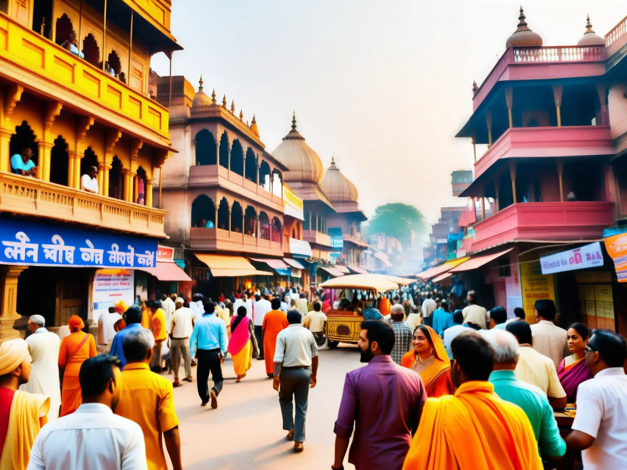 Vista bulliciosa de una calle en Varanasi, India, con colores vibrantes y detalles arquitectónicos