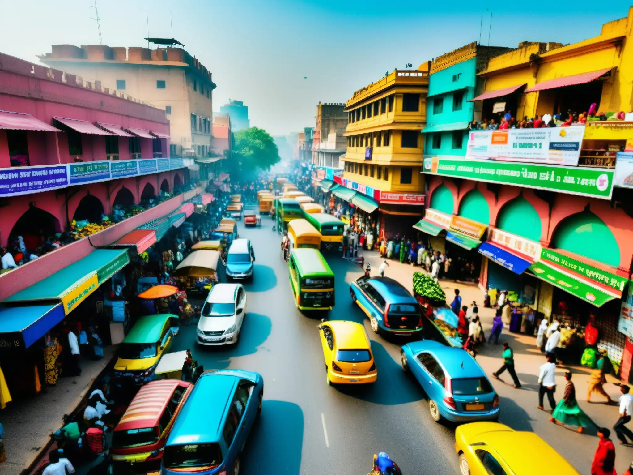 Vista bulliciosa de la vida urbana en Delhi, India, con colores vibrantes y una mezcla de arquitectura tradicional y moderna