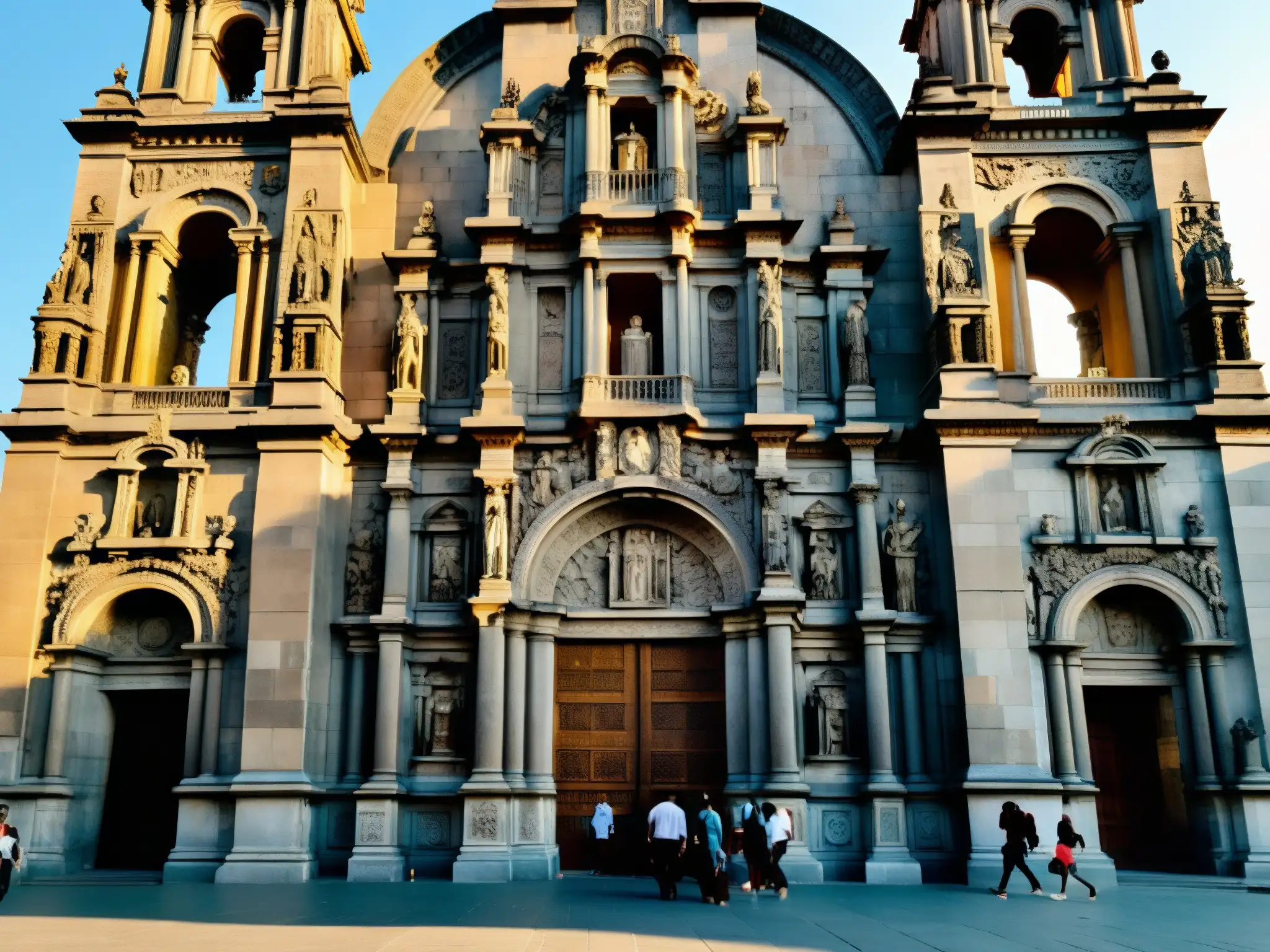 Vista cercana de la fachada de la Catedral de la Ciudad de México con detalles tallados y estatuas