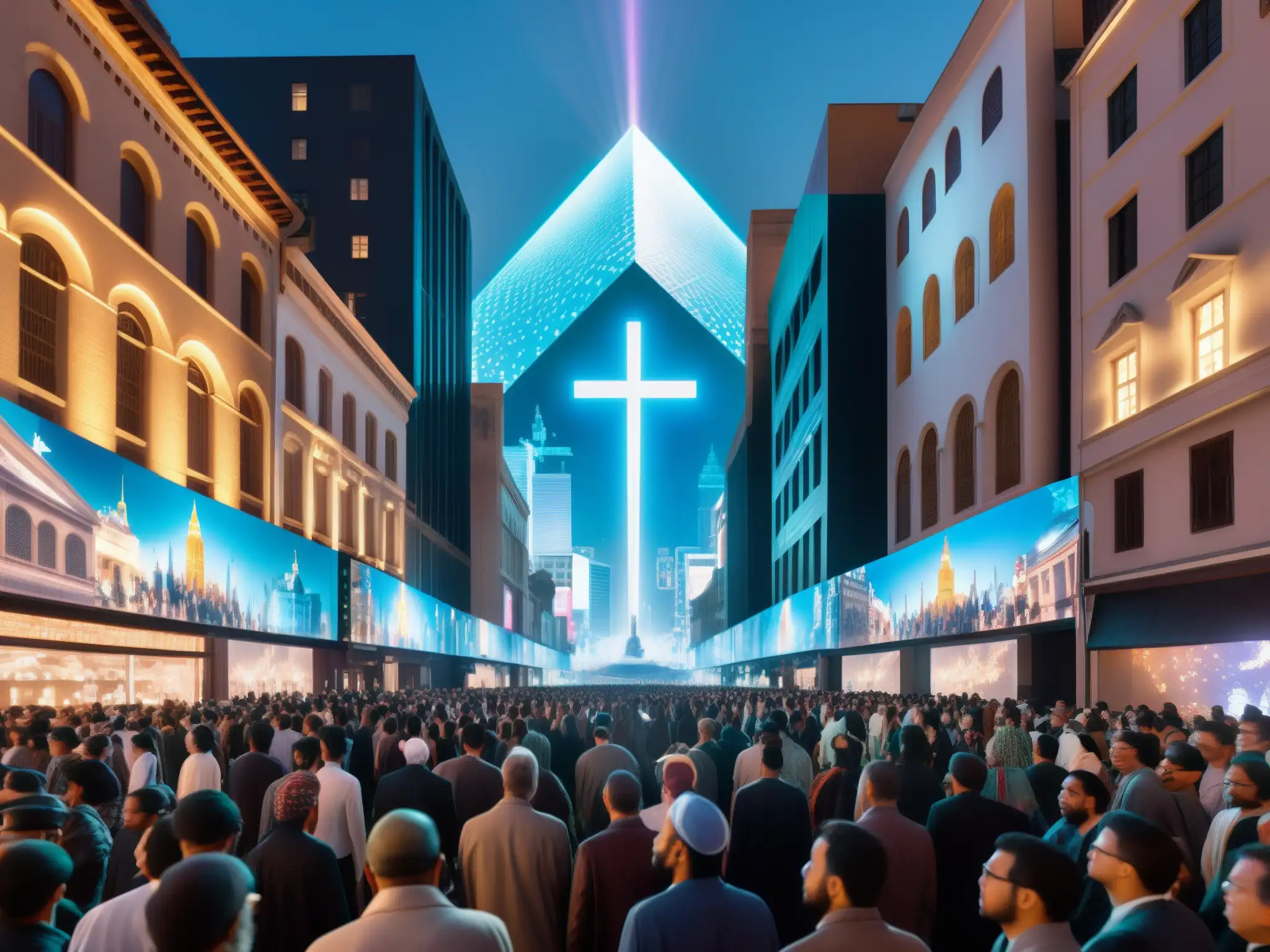 Vista de la ciudad con hologramas religiosos, reflejando la fusión entre tecnología y espiritualidad en el Proyecto Blue Beam