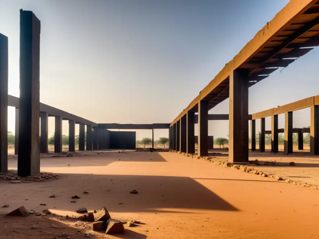 Vista desoladora de construcción abandonada de Niamey: pilares, hierros y maleza, bajo sombras alargadas