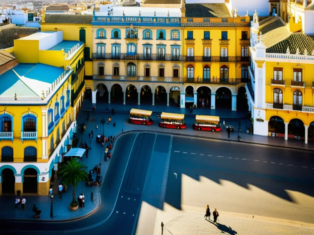 Vista detallada de las calles de Sevilla, España, con su atmósfera vibrante y elementos históricos, capturando el origen y características del Basilisco de Sevilla