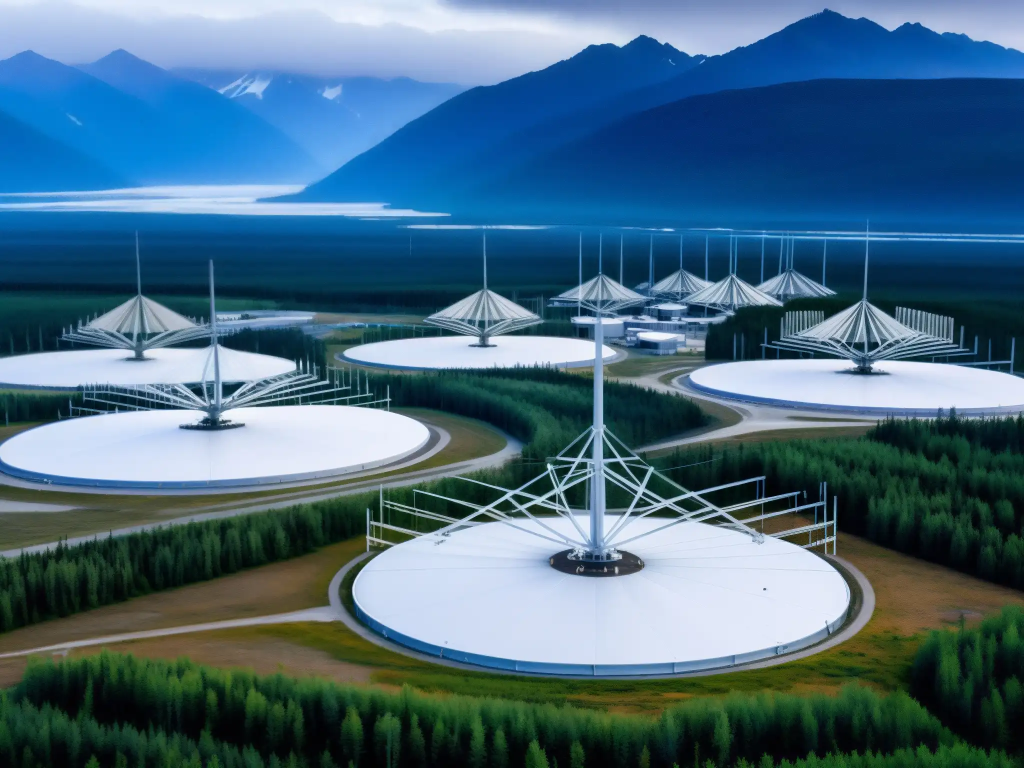 Vista detallada del complejo de antenas HAARP en Gakona, Alaska, destacando su escala y complejidad tecnológica