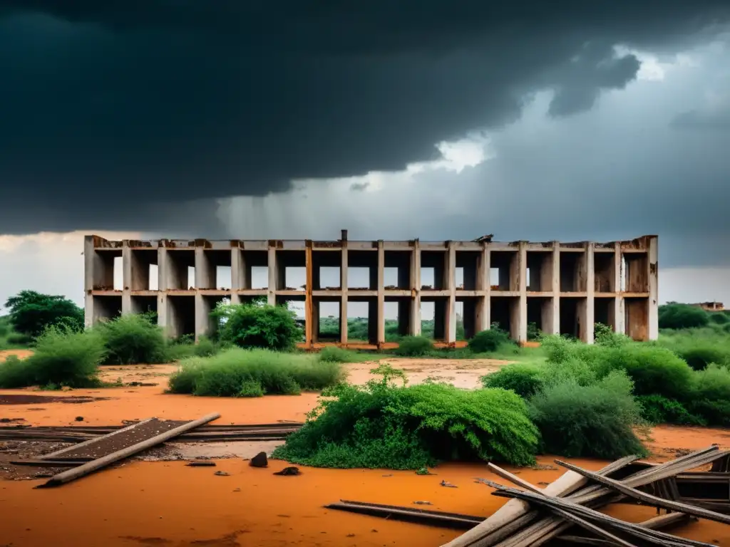 Vista detallada de la construcción abandonada de Niamey con paisaje desolado y estructuras deterioradas bajo cielo nublado