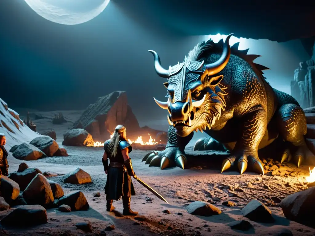 Vista detallada de monstruosidades y leyendas en la recreación del inframundo nórdico, hijos de Loki