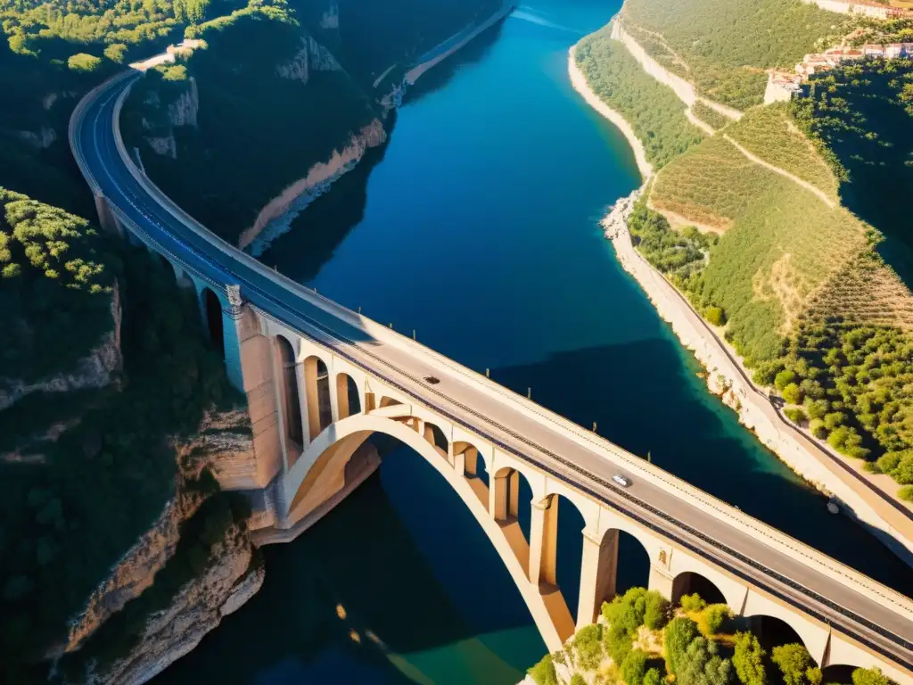 'Vista detallada del Puente del Diablo en Cataluña, resaltando su origen y misterio con increíble detalle arquitectónico y paisajístico