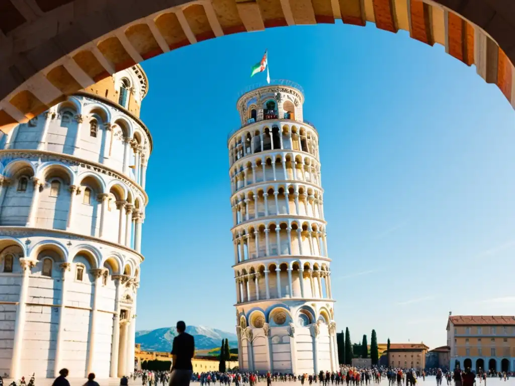 Una vista detallada de la Torre Inclinada de Pisa con la Piazza dei Miracoli de fondo