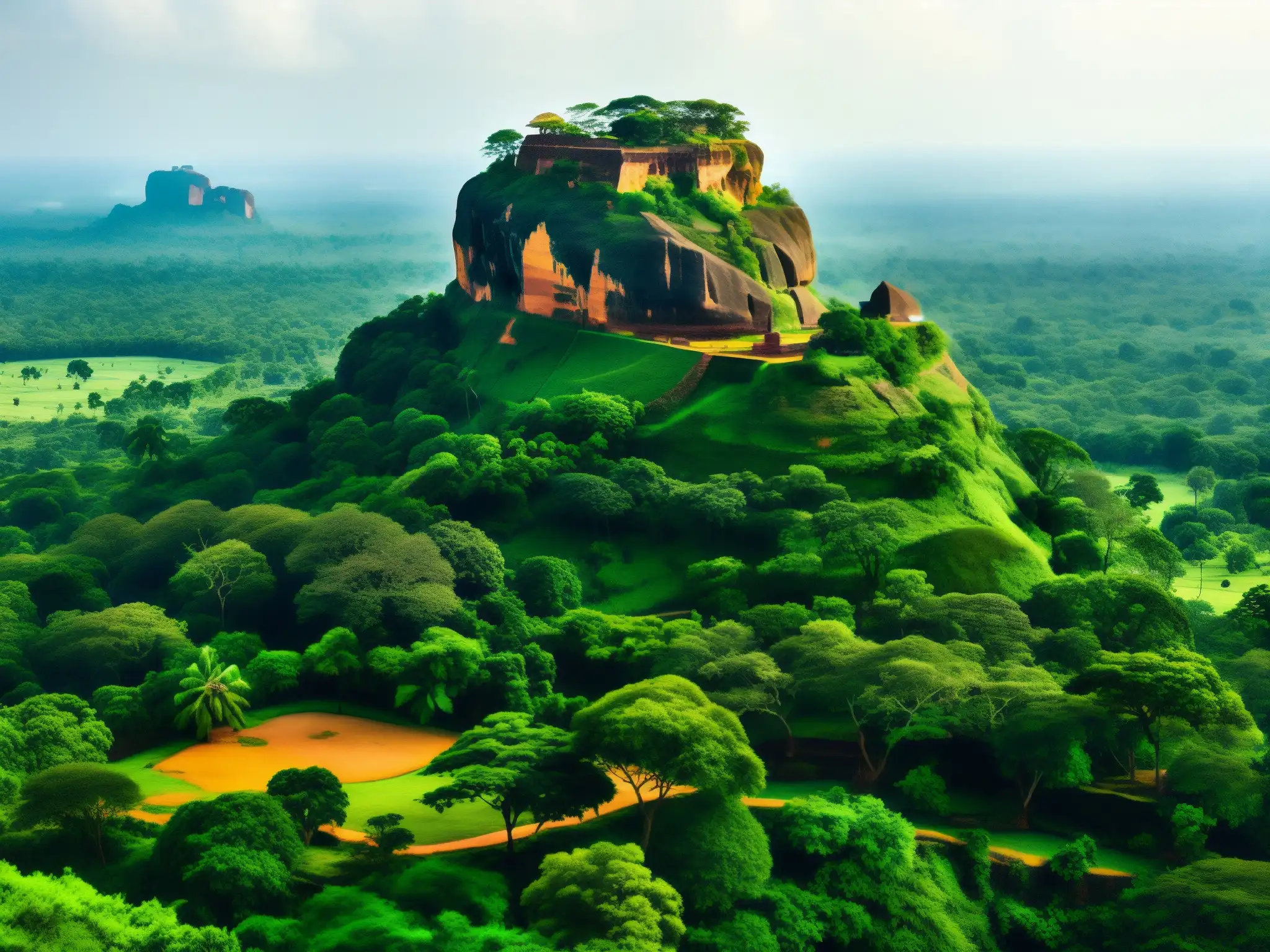 Vista documental de la legendaria fortaleza rocosa de Sigiriya en Sri Lanka, evocando exploración de la leyenda y la historia del lugar