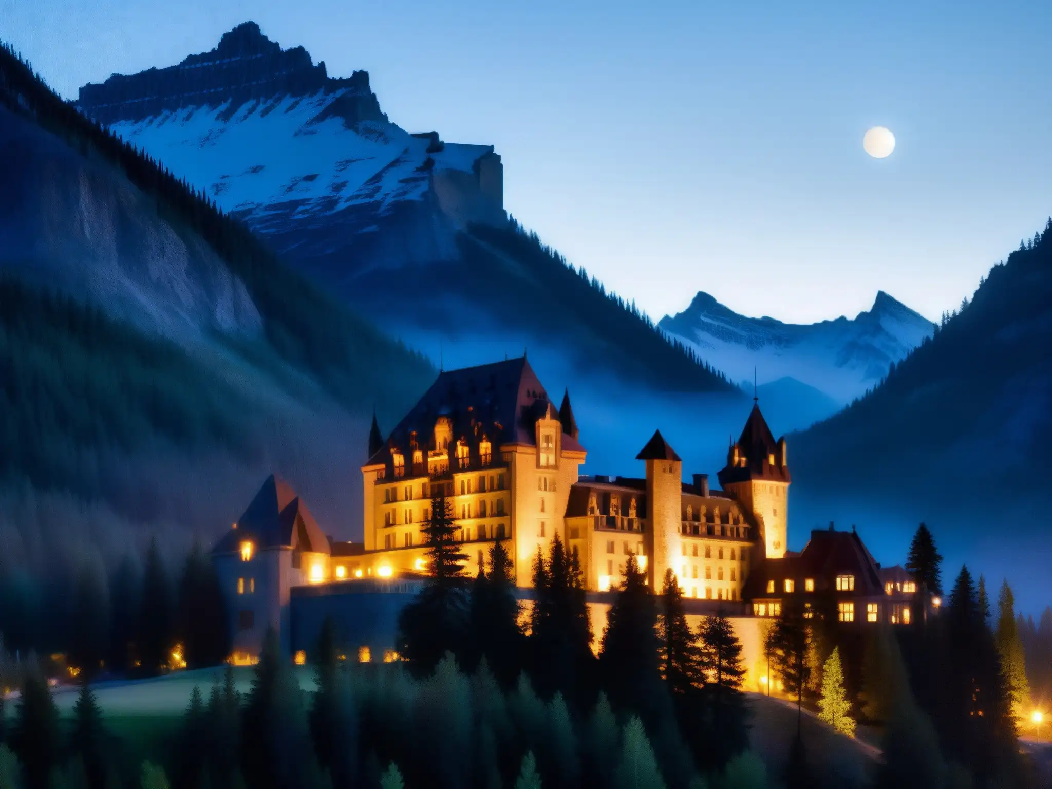 Vista encantada del Fairmont Banff Springs Hotel en la neblina de la noche, evocando la leyenda urbana del hotel encantado en las Rocosas Canadienses