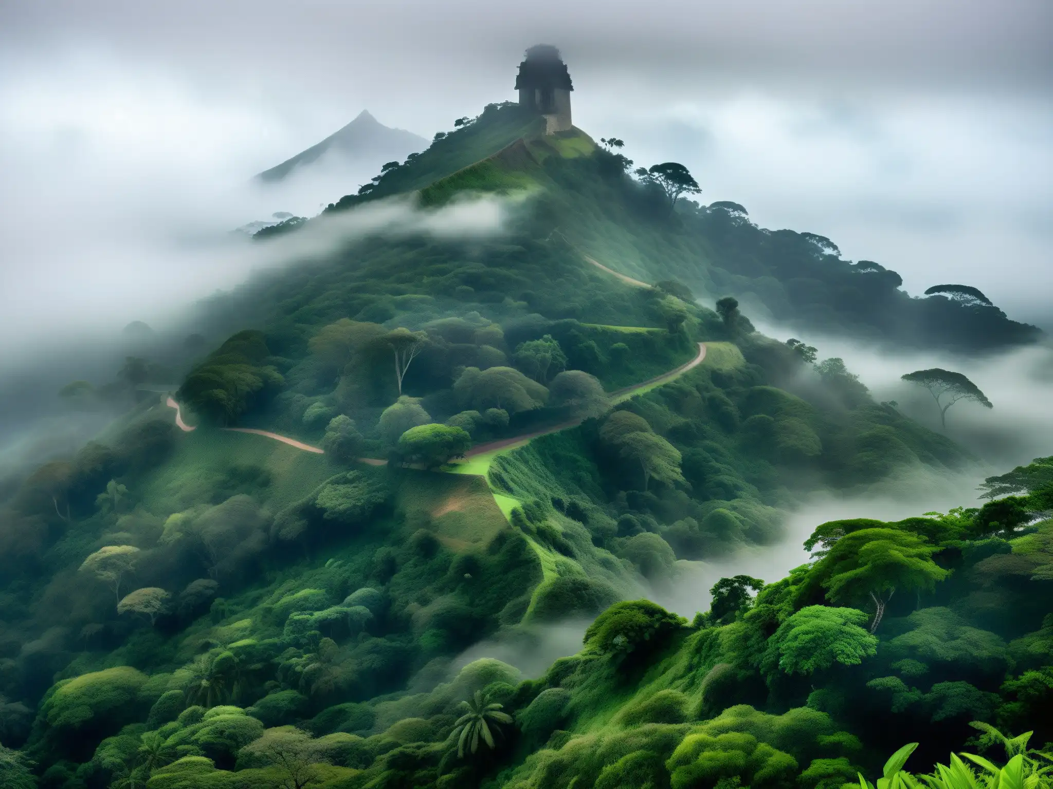Vista envolvente del misterioso Cerro de San Juan Tepic, con ruinas antiguas entre la neblina y exuberante vegetación