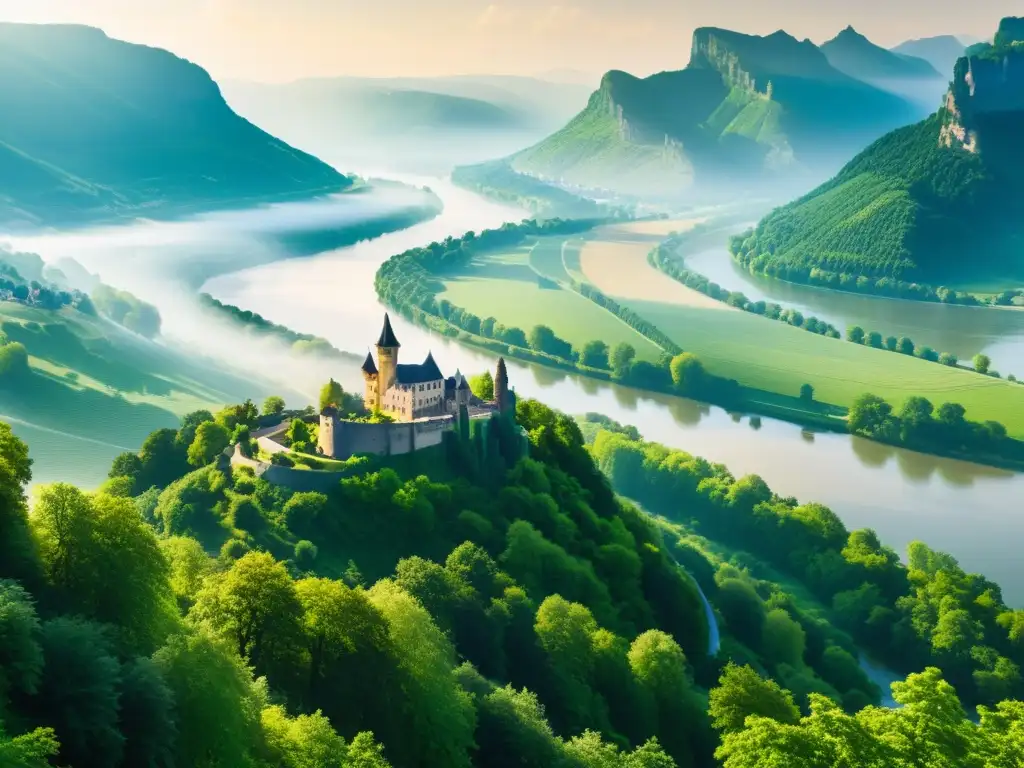 Vista espectacular del río Rin serpenteando entre valles verdes en Alemania, con el castillo Drachenfels en la niebla