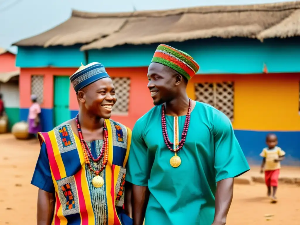Vista impactante de un pueblo Yoruba con edificios coloridos y actividad de mercado