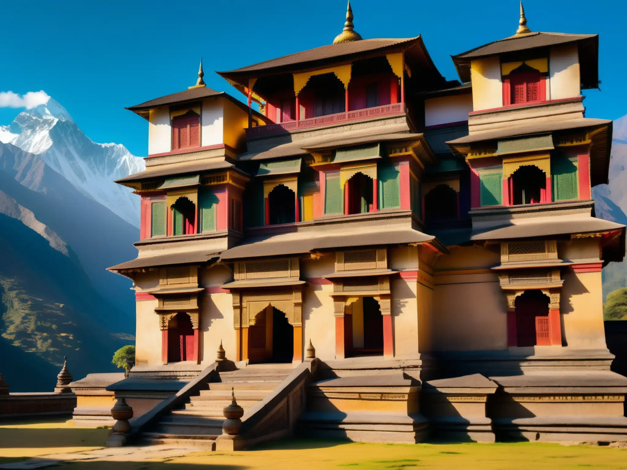 Vista impresionante del antiguo palacio nepalés, con banderas de oración y misteriosas sombras, evocando fenómenos paranormales palacios Nepal