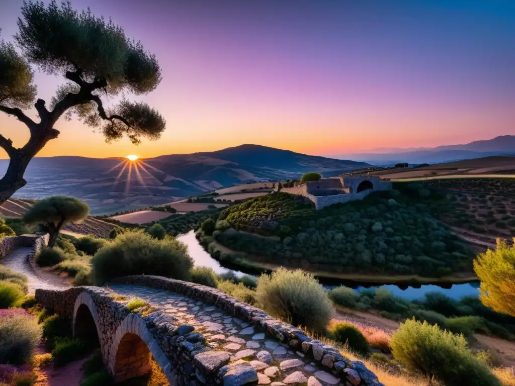 Vista impresionante del atardecer en el campo español, con un puente de piedra y olivos