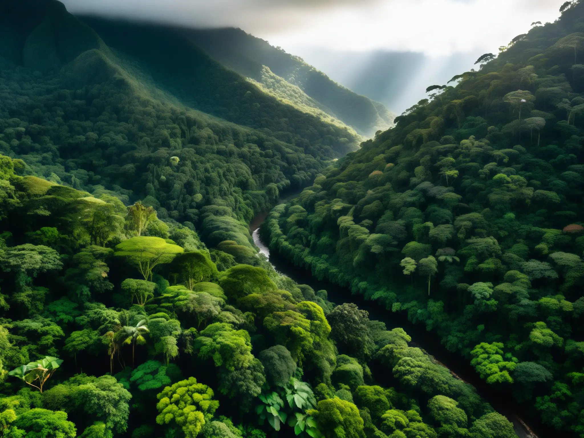 Vista impresionante del exuberante bosque lluvioso ecuatoriano con un río serpenteante