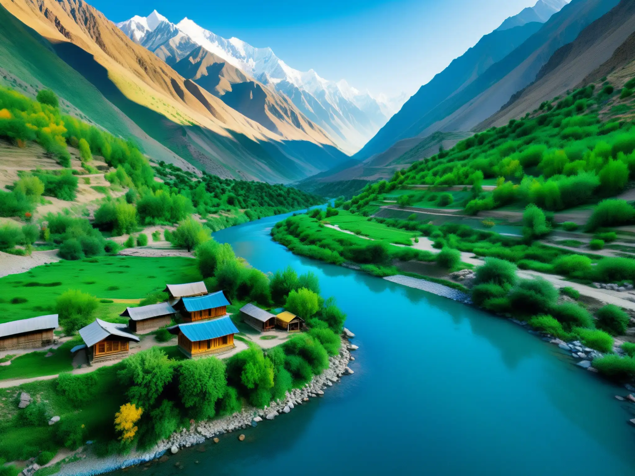 Vista impresionante del remoto y agreste paisaje del Valle de Kalash, con montañas verdes y un río sinuoso